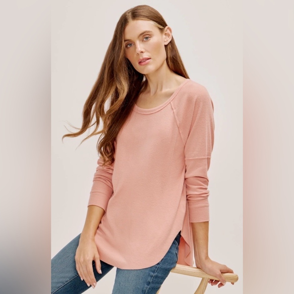 Three Dots Brushed Raglan Blush Long Sleeve Hi-Low Top